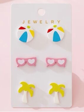 3 Summer Fun Earrings Palm Trees Pink Sunglasses Beach Balls